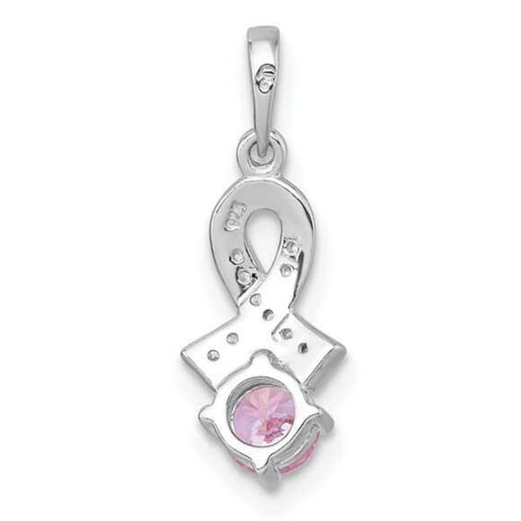 925 Sterling Silver Pink & White CZ Cancer Awareness Ribbon Necklace Charm - Picture 3 of 4